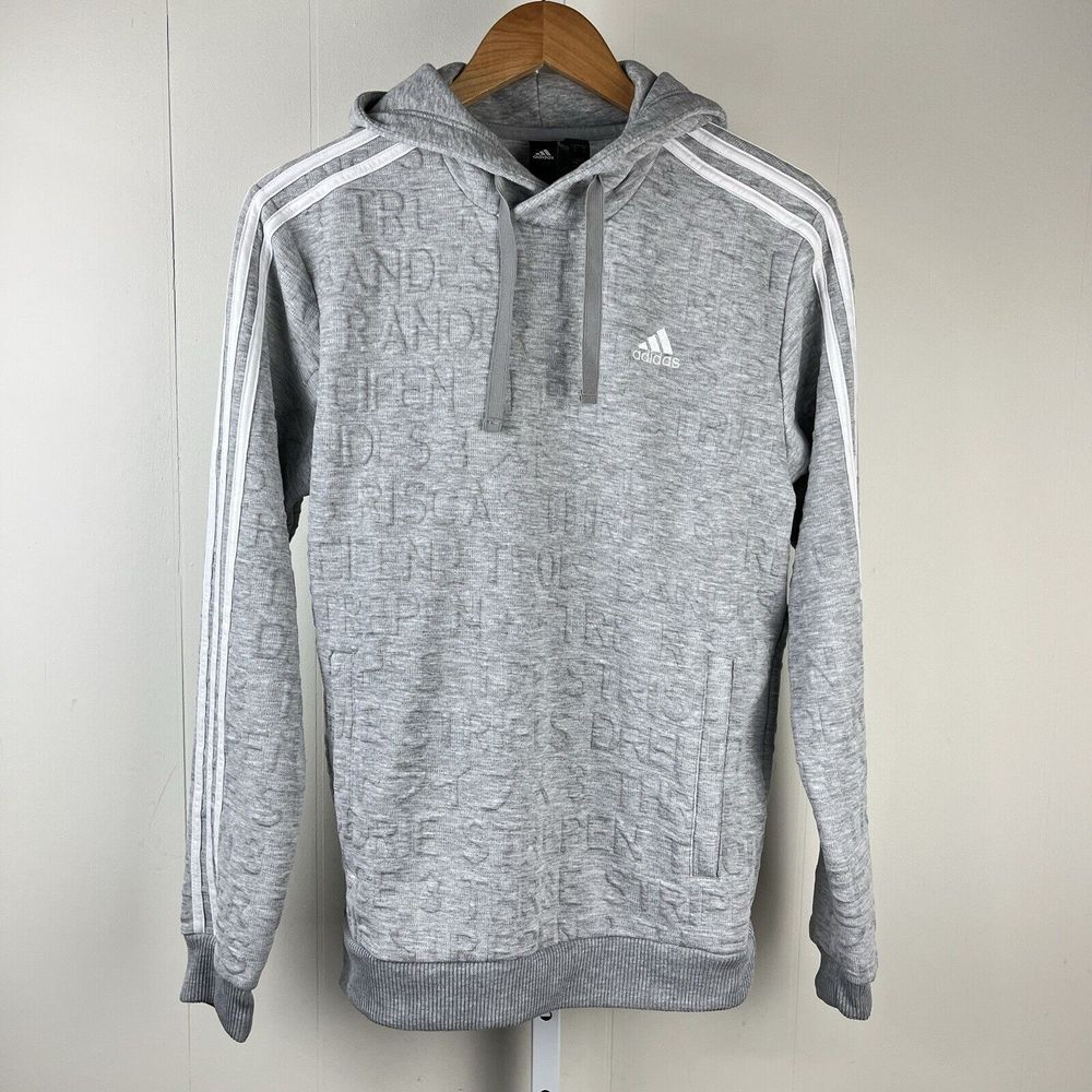 Adidas Mens Typography Jacquard Print Hoodie Pullover Heather Gray Size Small